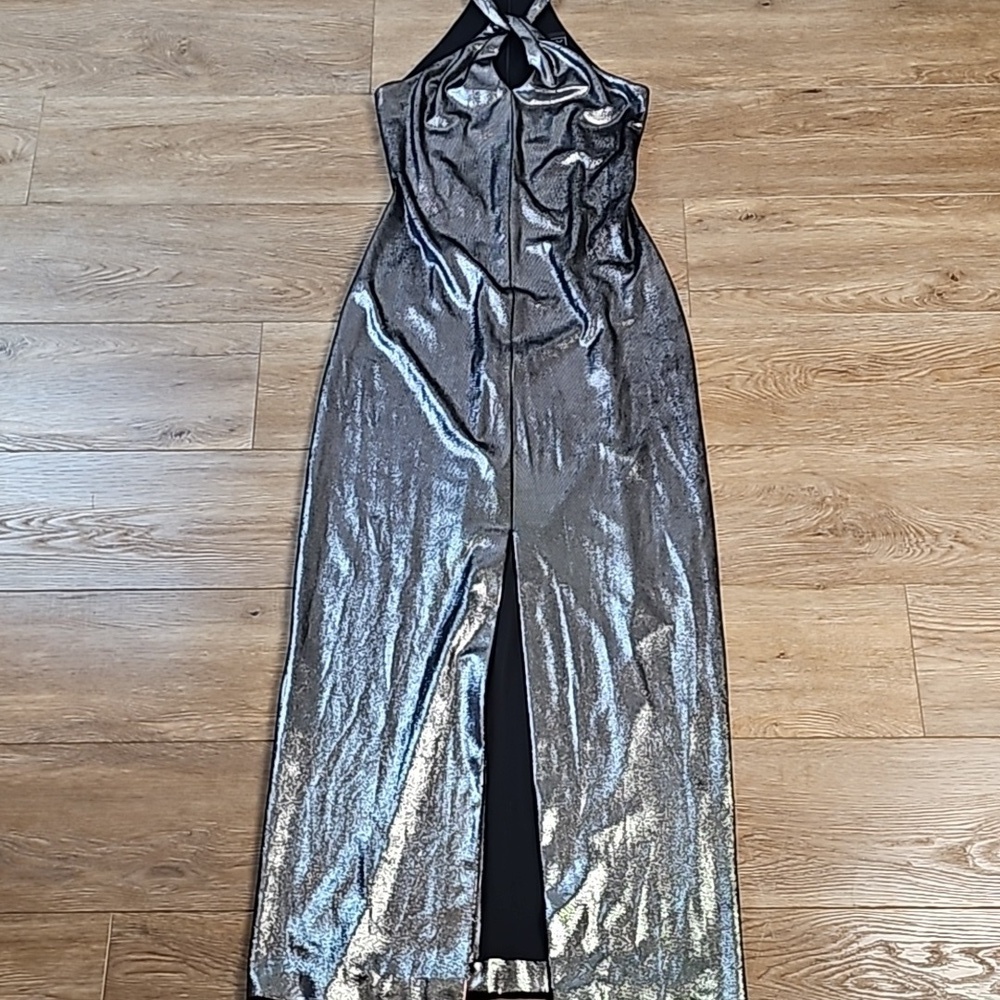 Vintage Alex Evenings Metallic Pewter Halter Back Zip Front Slit Formal … - Picture 11 of 16
